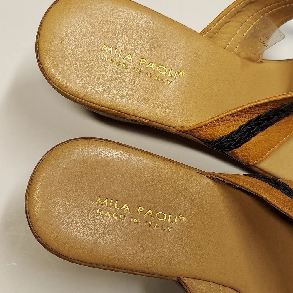 Mila Paoli Leather Wedge Sandals Tan and Black Size 9